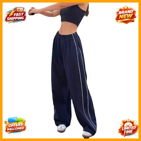 Pants - High Rise Baggy Track Pants with Drawstring Legs Polyester Loose Fit